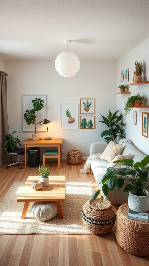 A bright and inviting dorm living room featuring plants, wooden furniture, and eco-friendly decor.