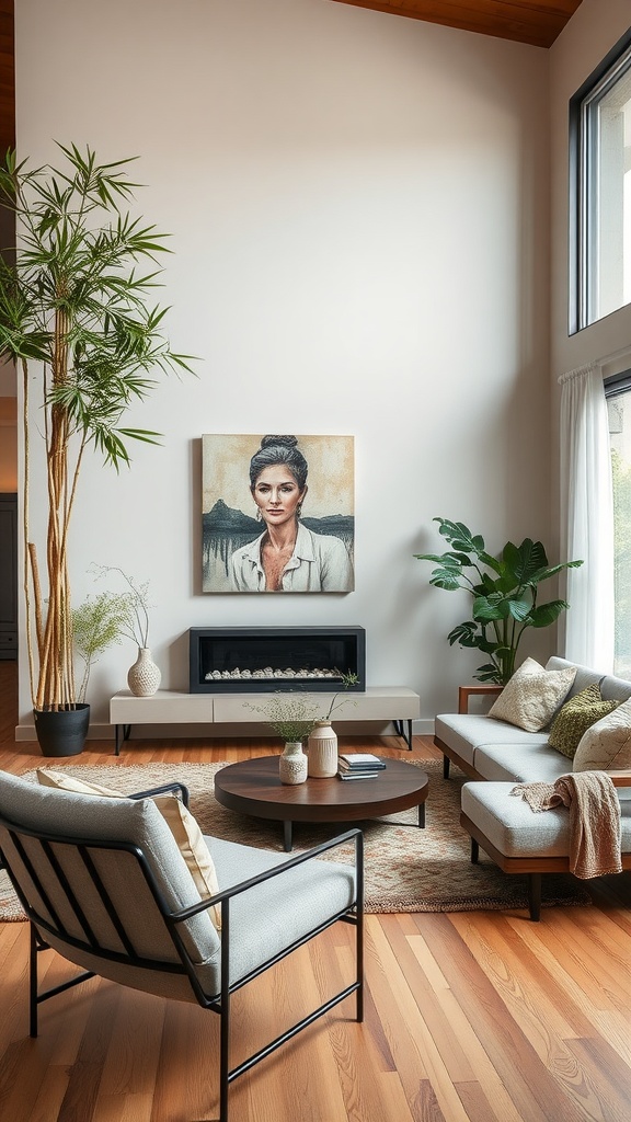 A cozy modern living room featuring natural wooden flooring, eco-friendly furniture, potted plants, and wall art, emphasizing sustainable design.