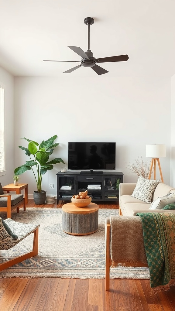 A cozy living room featuring sustainable materials, including wooden furniture, plants, and natural textiles.