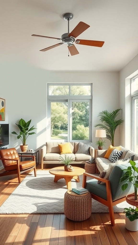 A modern living room featuring sustainable materials with natural light, plants, and eco-friendly furniture.