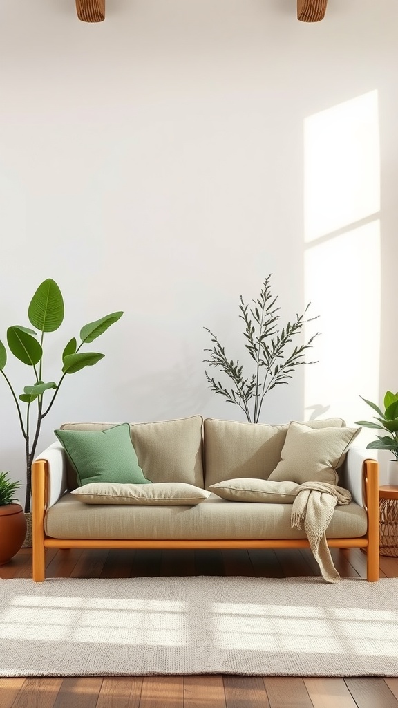 A sustainable sofa made from eco-friendly materials, featuring a wooden frame and soft cushions, surrounded by houseplants.