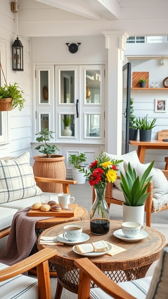 An inviting outdoor living space inspired by Swedish fika, featuring cozy seating, coffee, and pastries.