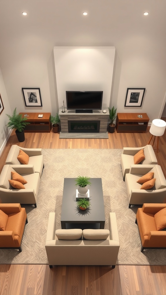 A symmetrical living room layout featuring two sets of sofas, a central coffee table, and a TV with a fireplace.