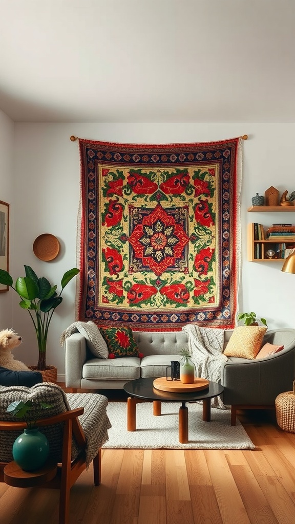 Cozy living room with a large colorful tapestry on the wall, grey sofas, wooden coffee table, and greenery