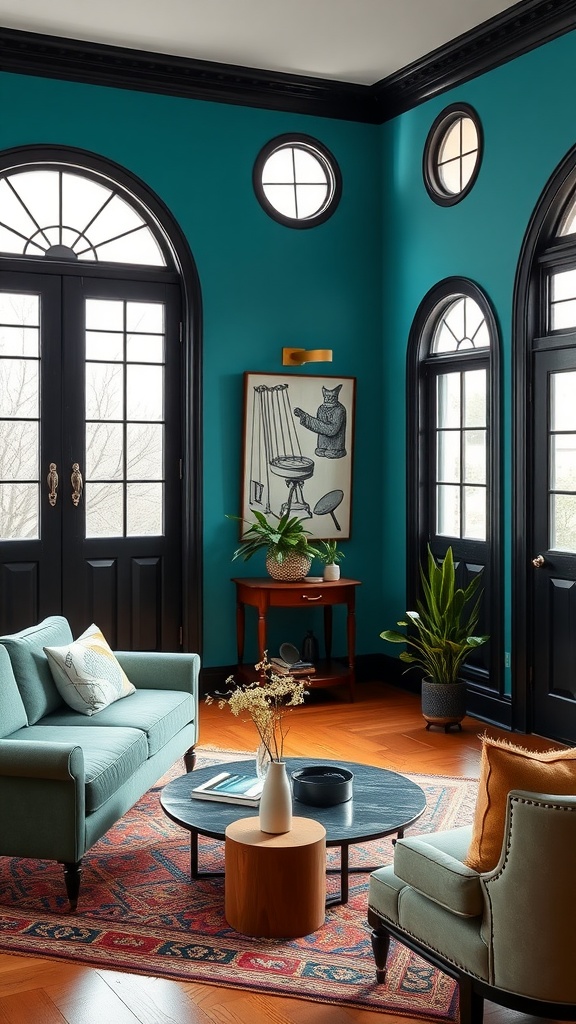 Living room featuring a teal accent wall with black trim, light teal furniture, and decorative plants.