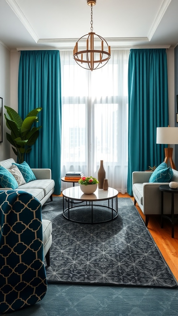 Living room with teal curtains and black geometric patterns on furniture