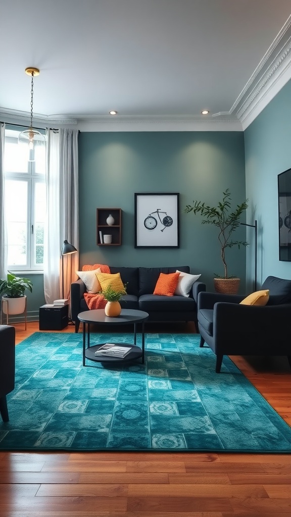 Cozy living room featuring a teal area rug with black furniture, colorful pillows, and plants