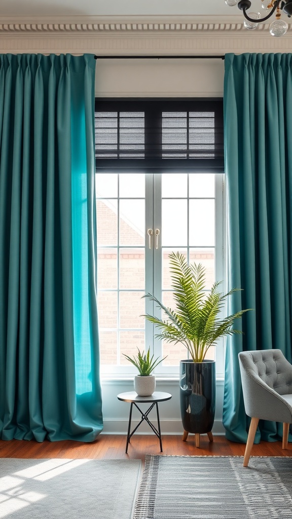 Living room featuring teal drapes and black shades over a window, with plants and modern furniture.