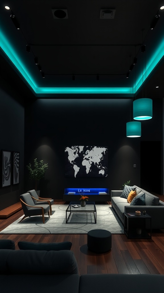 Living room with black walls and teal lighting fixtures