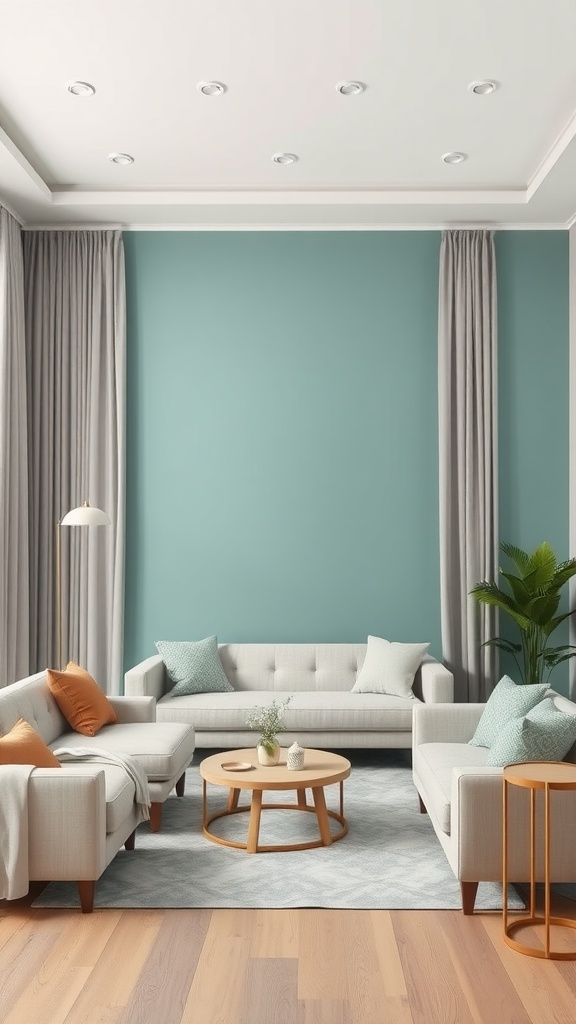 A tranquil living room featuring a teal accent wall, gray curtains, neutral furniture, and a round coffee table.