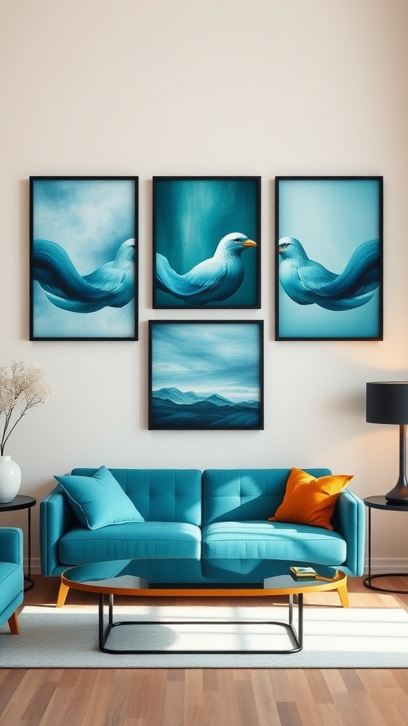 Living room with teal wall art in black frames above a teal sofa and a coffee table