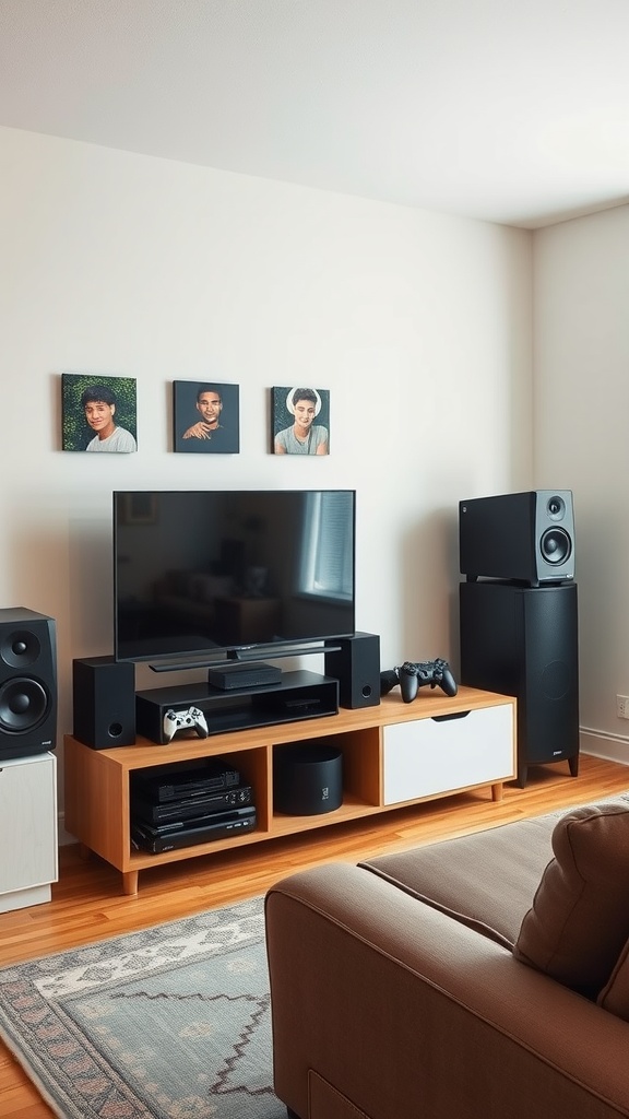 A cozy dorm living room with a TV, sound system, and gaming consoles.