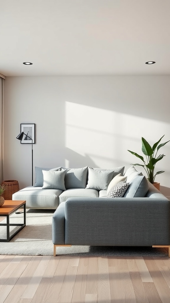 A modern living room featuring a grey couch, wooden coffee table, and indoor plants.