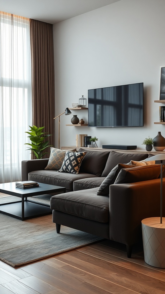 A modern living room featuring a dark brown sofa, wall-mounted TV, and a minimalistic coffee table with a touch of greenery.