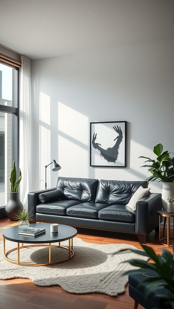 Cozy tech-savvy lounge featuring a black leather couch, modern decor, and natural light.