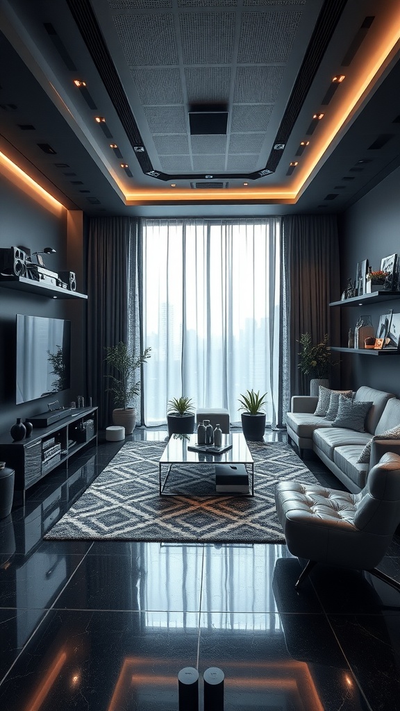 Modern living room with black floors, large windows, and smart home technology