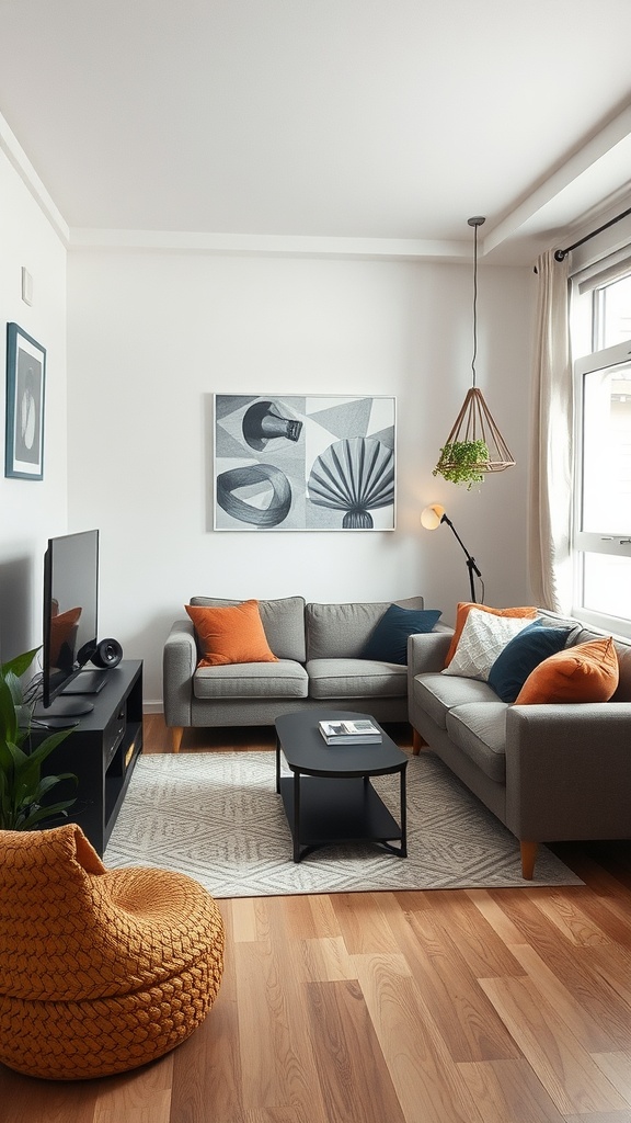 A cozy small living room featuring a modern design with tech integration, including a TV and stylish lighting.