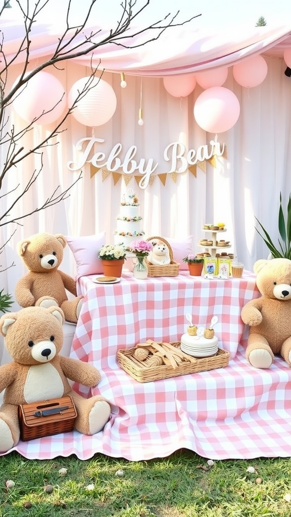 A delightful Teddy Bear Picnic setup with plush bears, a pink and white checked tablecloth, and sweet treats.