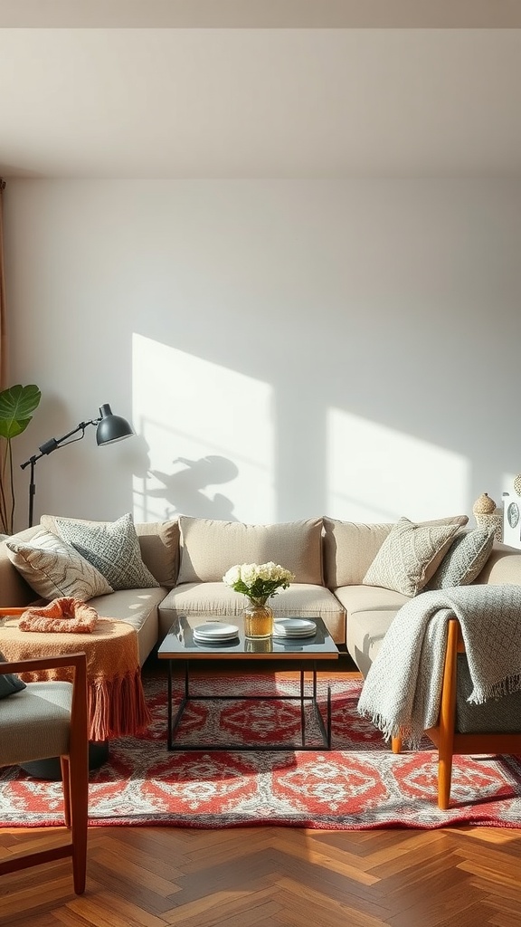 A cozy minimalist bohemian living room with a sectional sofa, layered textiles, and a vibrant area rug.