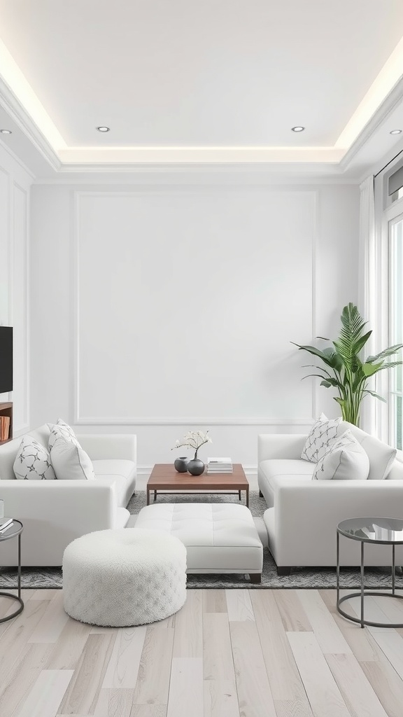 A bright white living room featuring two white sofas, a round fluffy pouf, a wooden coffee table, and a plant in the corner.