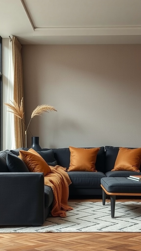 Living room featuring a black sofa with tan cushions and a throw, complemented by a natural decor touch.