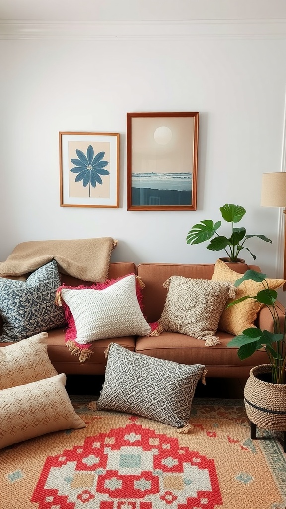 A cozy living room scene with various textured pillows on a sofa, featuring a warm color palette and decorative artwork.