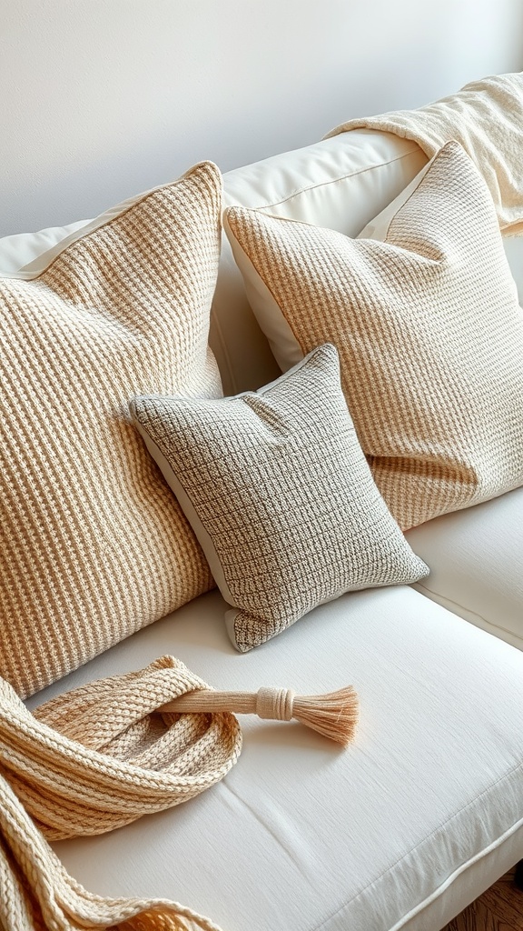 Textured beige throw pillows arranged on a white sofa with a beige throw draped over it.