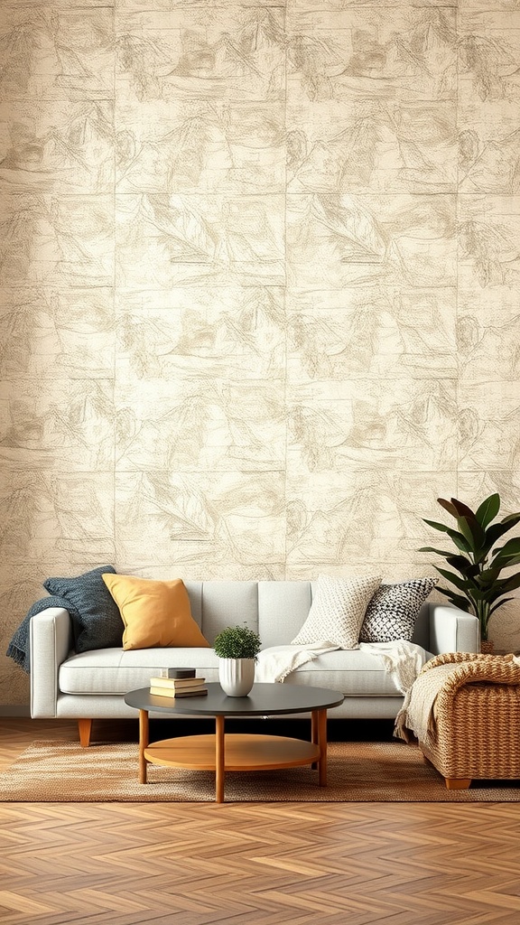 Living room featuring textured beige wallpaper, a light sofa with colorful cushions, a round coffee table, and a potted plant.