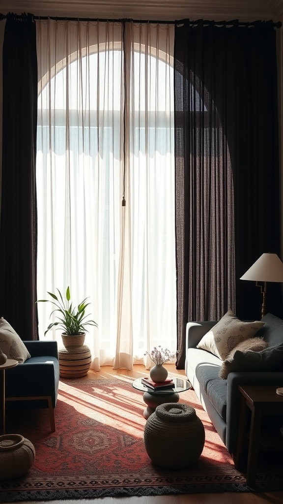 A cozy living room featuring textured black curtains allowing soft light to filter through.