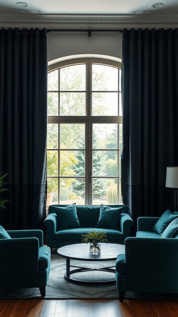 Living room with textured black curtains and emerald green furniture