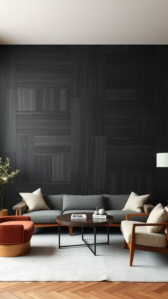 Living room featuring textured black wall panels with a modern sofa and coffee table.