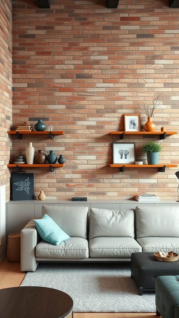 Living room with a textured brick wall and floating shelves displaying decor.