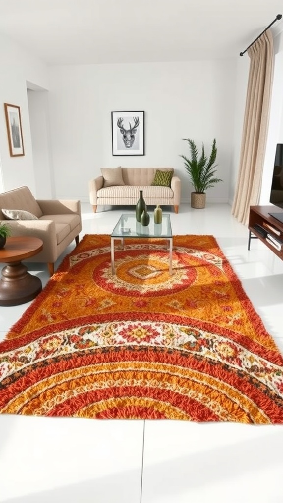 A living room with a vibrant, textured brown rug on white flooring, featuring beige sofas and a potted plant.