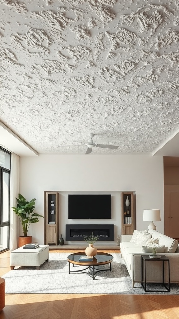 Textured ceiling in a modern living room with a sofa, coffee table, and plants