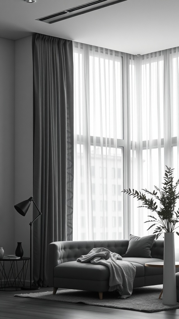 A stylish living room featuring textured black and grey curtains, a cozy sofa, and a plant in a vase.