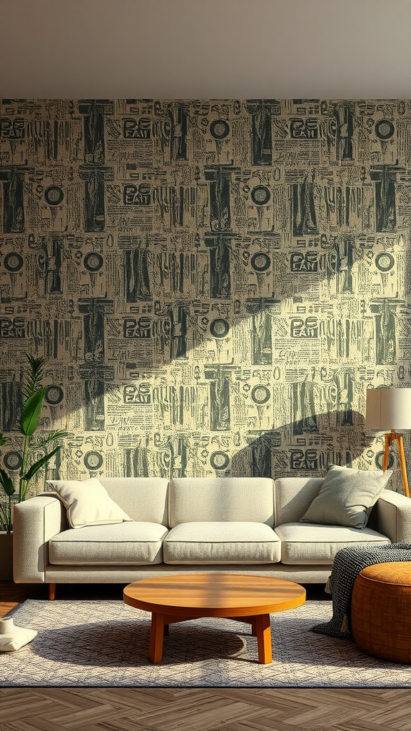 Living room with textured fabric look wallpaper and modern furniture