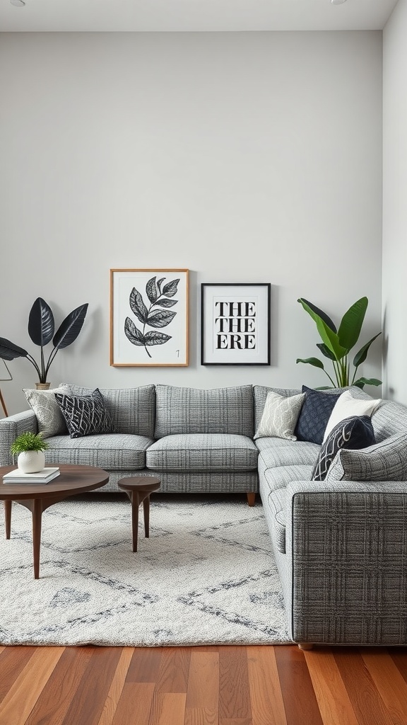 A cozy living room featuring a gray textured sectional, decorative pillows, a wooden coffee table, an area rug, and indoor plants.