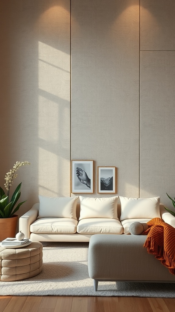 Cozy living room featuring textured fabric wall panels, soft furniture, and decorative elements.