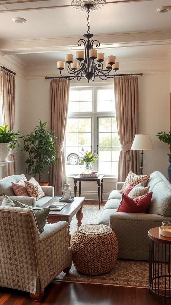 A cozy French country living room featuring textured fabrics and comfortable furniture