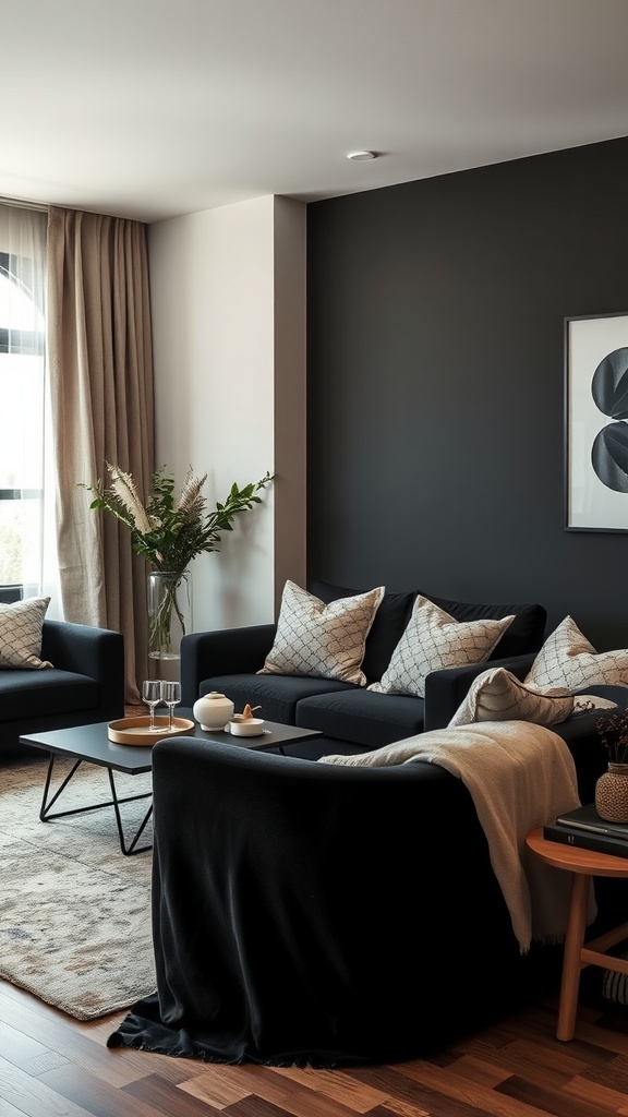 A black and cream living room showcasing textured fabrics, including dark sofas, patterned cushions, and a soft throw.