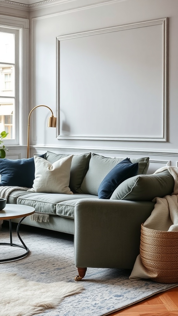 A modern living room with a green sofa and textured pillows, featuring a woven basket and a patterned rug.