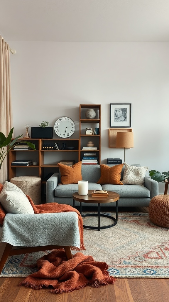 A modern living room featuring textured fabrics and materials, with a gray sofa, orange throw, and various decorative elements.