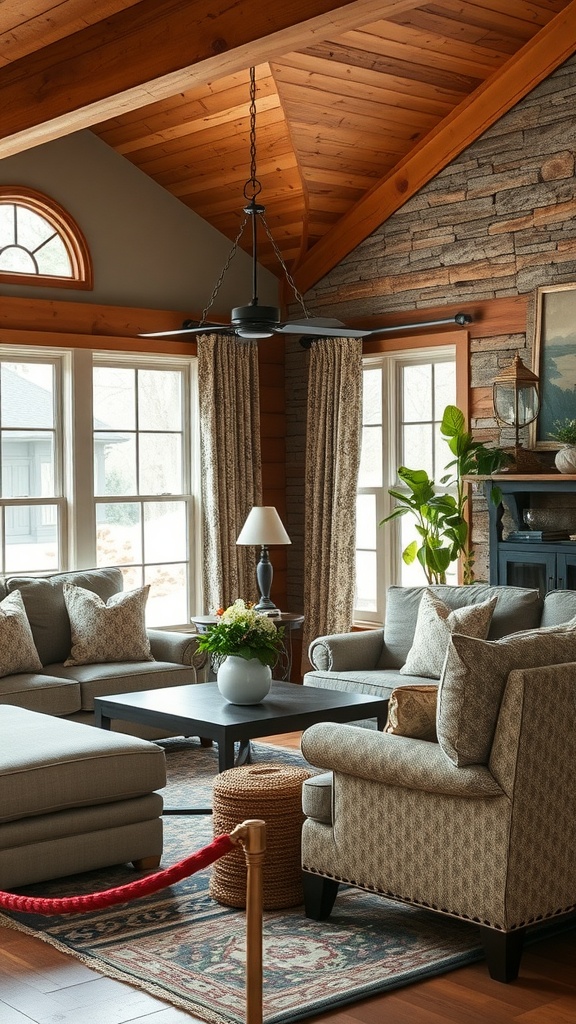 A cozy western ranch-style living room with textured fabrics and patterns