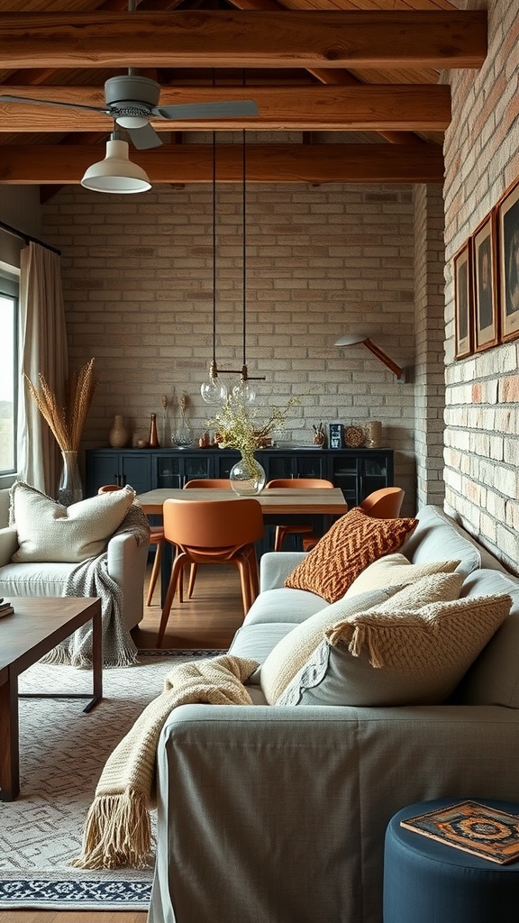 Living room with textured fabrics and throws, featuring soft pillows and cozy blankets on sofas, a dining area in the background.