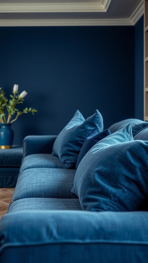 A cozy living room with a deep blue couch and textured cushions against a blue wall.