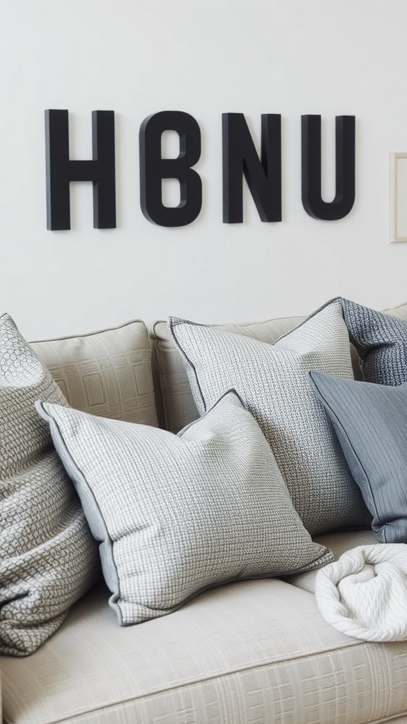 A cozy couch adorned with various textured gray throw pillows.