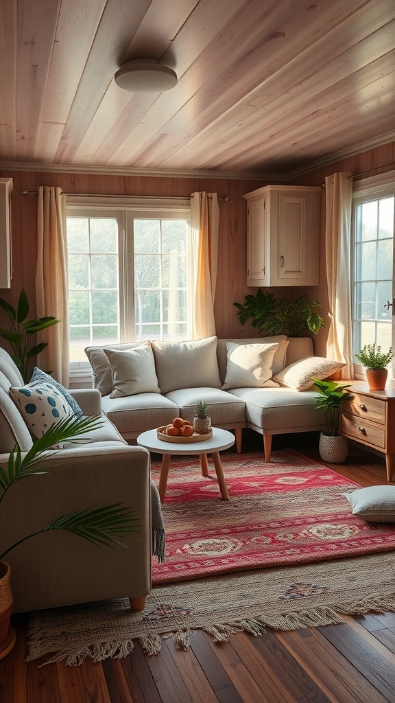 A cozy mobile home living room featuring a light-colored sofa, colorful area rug, wooden furniture, and potted plants.