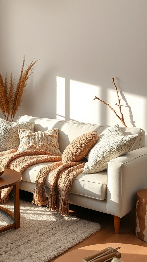 A cozy cream couch with textured pillows and a knitted throw, set in a warm living room space.