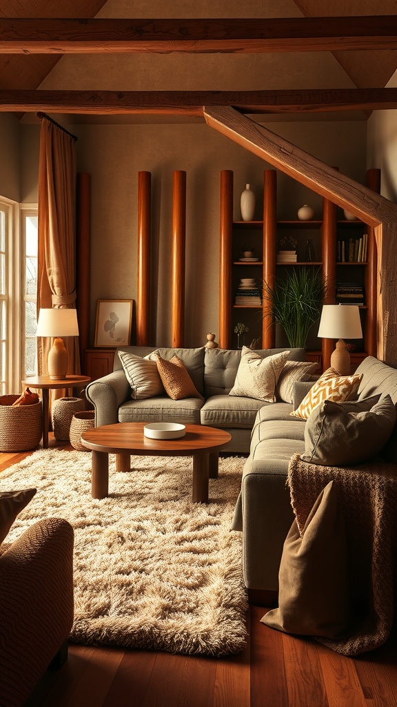 Cozy living room with brown and beige tones featuring a plush rug, comfortable sofa, and natural wood accents