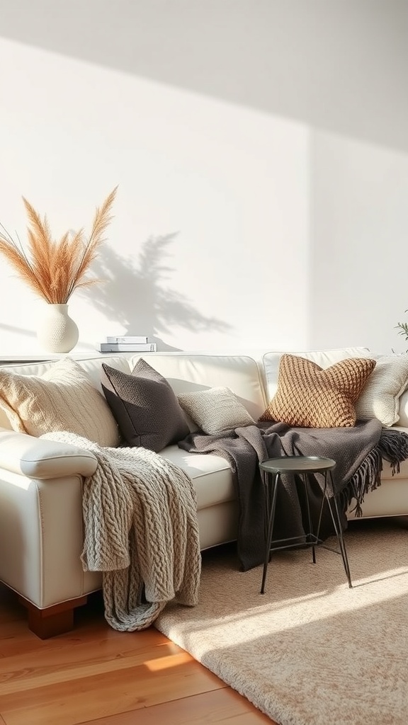 Cozy living room featuring a white leather sofa adorned with plush pillows and a throw blanket, accompanied by a small black side table and a vase of pampas grass.